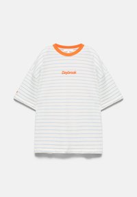 White short-sleeve shirt with light blue horizontal stripes, orange collar, and "Daybreak" text in orange on the chest.