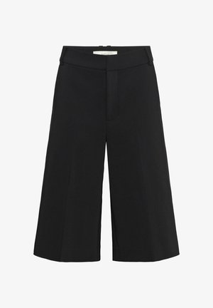 Pantalones negros de pierna ancha y largo corto con cintura alta y trabillas para cinturón, con cierre frontal oculto.