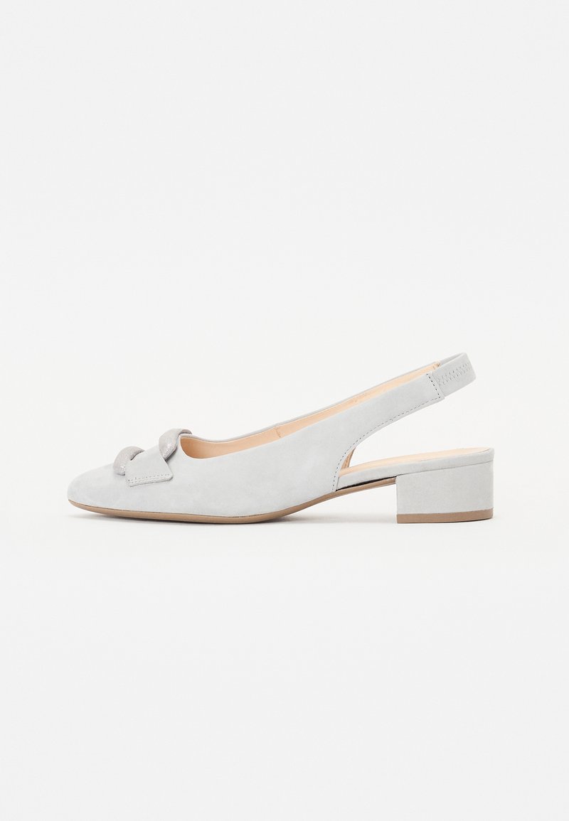 Slingback shoe made of light gray suede with a rounded toe and bow accent. Features a low block heel and open back design.