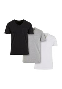 Set di tre t-shirt a V in nero, grigio e bianco. Ogni maglietta presenta maniche corte e una piccola tasca al petto. Materiale in cotone.