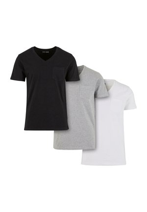 Set of three V-neck t-shirts in black, gray, and white. Each shirt features short sleeves and a small chest pocket. Cotton material.