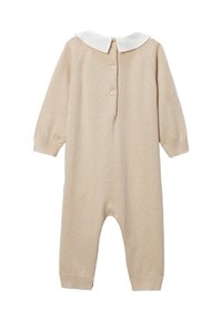 Combinaison beige une pièce à manches longues, col blanc, fermeture par boutons dans le dos, poignets côtelés et texture douce en maille. Convient aux nourrissons.