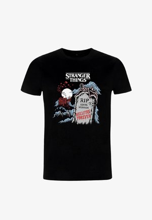 Schwarzes Baumwoll-T-Shirt mit einem grafischen Druck eines Grabsteins, einer Spinne und einem Mond, mit dem Text "RIP EDDIE MUNSON" und "HELLFIRE FOREVER."