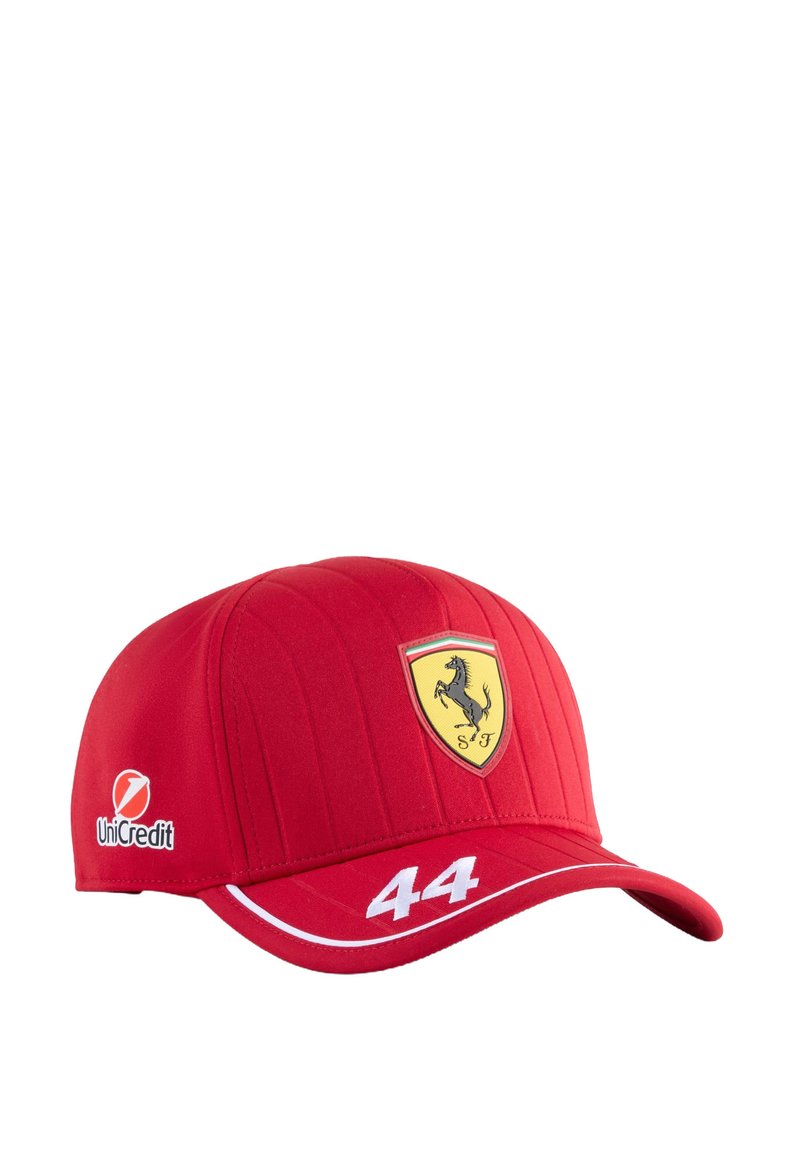 Red baseball cap with Ferrari logo, white accents, and the number "44" embroidered on the visor. Made from durable fabric with a structured design.