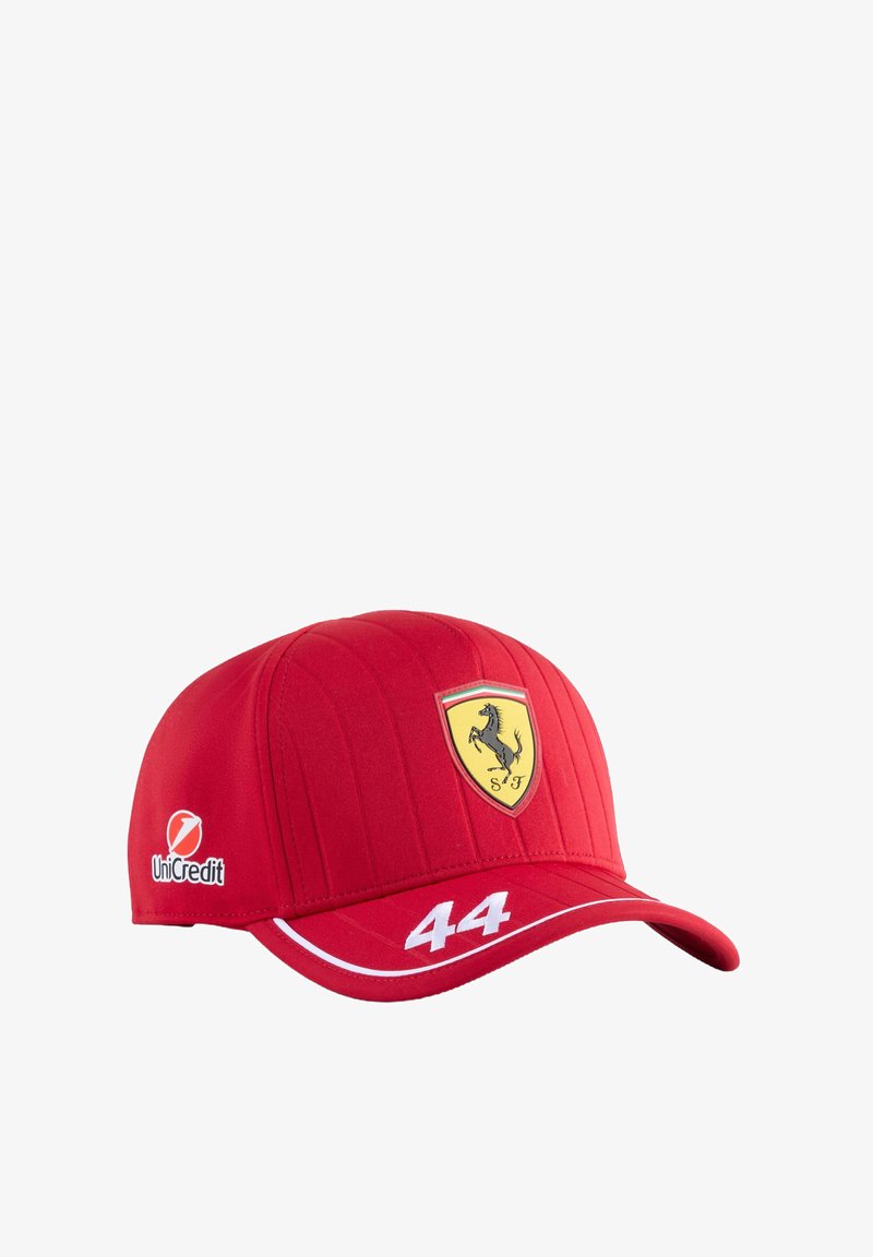 Red baseball cap with Ferrari logo, white accents, and the number "44" embroidered on the visor. Made from durable fabric with a structured design.