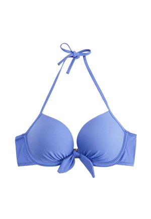 Jasnofioletowy top bikini z wiązanymi ramiączkami przy szyi i kokardką z przodu na środku.