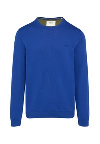 Pull en tricot bleu avec un col rond, des manches longues et un motif texturé subtil. Il présente un petit logo sur la poitrine et des poignets côtelés.
