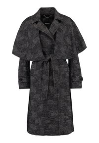 Černý a šedý vzorovaný trenčkot s pláštěnkovým přehozem, uvazovacím opaskem a knoflíkovými rukávy, vyrobený z texturované tkaniny.