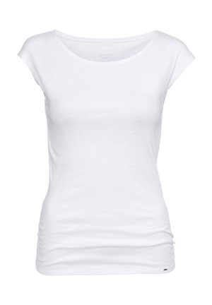 Biały top z krótkim rękawem wykonany z miękkiej bawełny. Posiada dekolt w łódkę oraz marszczenia po bokach dla dopasowanej sylwetki. Gładka, elastyczna tkanina.