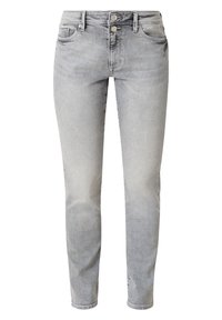 Jeans in denim grigio con vestibilità slim, dotati di chiusura a doppio bottone, cinque tasche e una leggera scoloritura sul tessuto.