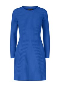 Blå ribbad stickad klänning med långa ärmar, rund halsringning och texturerad design med vertikala linjer och en figurnära passform.