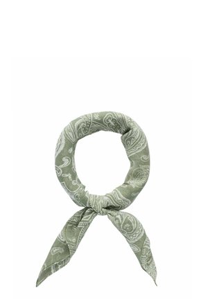 Lysegrønt stof bandana med hvide paisley mønstre bundet i en løkke med to løse ender mod en hvid baggrund.