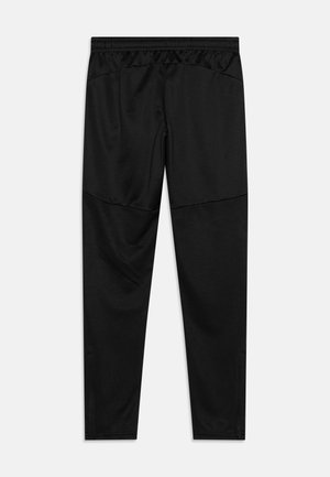Pantaloni sportivi neri con una parte superiore in tessuto liscio e una parte inferiore testurizzata, dotati di una vita elasticizzata e un design aderente.