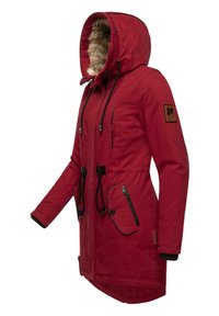 Red parka jacket featuring a fur-lined hood, adjustable drawstrings, multiple pockets, and black accents on the cuffs and zippers.