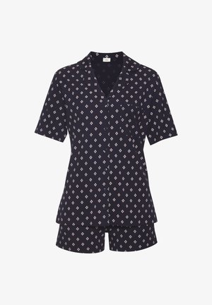 Navyblauwe korte pyjama's met een knoopsluiting, korte mouwen en een zak, versierd met een diamantpatroon in lichte kleuren.