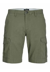 Shorts cargo vert olive en tissu léger, avec poches frontales, poches cargo latérales et fermeture éclair sur le devant.