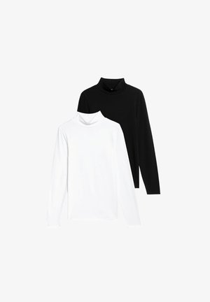 To lange langærmede turtlenecks, en sort og en hvid, lavet af glat stof med en tætsiddende design og høj krave.