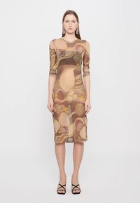Rochie transparentă, ajustată, cu mâneci lungi în nuanțe pământii. Modele abstracte cu ovale și cercuri. Design de lungime medie cu un luciu subtil.