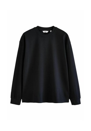 Czarna bluza z długim rękawem i okrągłym dekoltem, wykonana z miękkiego materiału, z opuszczonymi ramionami i żebrowanymi mankietami. Minimalistyczny design.
