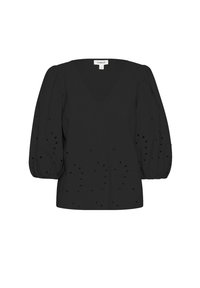 Blusa nera con scollo a V, maniche a palloncino e motivi a pois ricamati su tutta la superficie. Realizzata in tessuto leggero con una consistenza liscia.