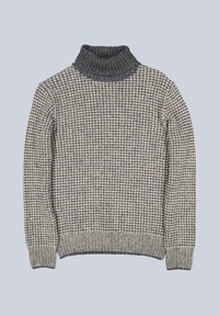 Grauer und cremefarbener Hahnentrittmuster-Strickpullover mit einem gerippten Rollkragen, langen Ärmeln und einem enganliegenden Saum. Strukturiertes Material aus dickem Garn.