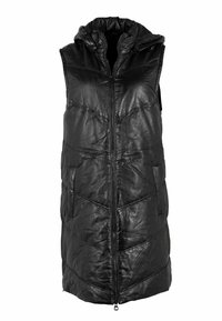 Czarna pikowana kamizelka z przeszyciami, z przodu na suwak, z dużym kapturem i kieszeniami po bokach. Wykonana z błyszczącego, gładkiego materiału.