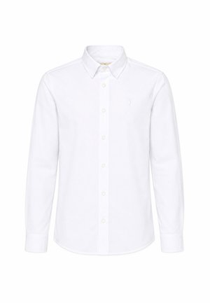 Camicia bianca semplice a maniche lunghe con bottoni, colletto appuntito e piccolo logo ricamato sul petto sinistro.