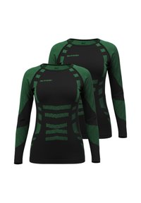 Two long-sleeve t-shirts made of stretch fabric. Predominantly black with green accents, featuring geometric patterns and ribbed texture.