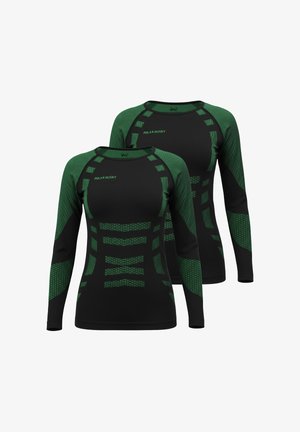 Zwei Langarm-T-Shirts aus Stretchstoff. Überwiegend schwarz mit grünen Akzenten, mit geometrischen Mustern und geripptem Stoff.