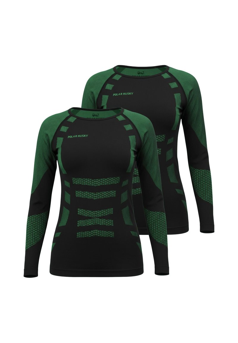 Two long-sleeve t-shirts made of stretch fabric. Predominantly black with green accents, featuring geometric patterns and ribbed texture.