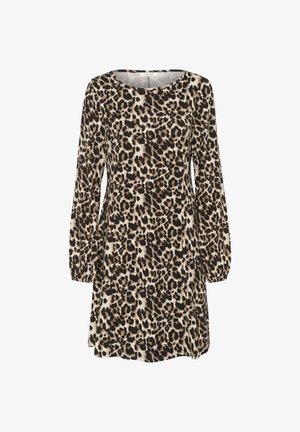 Klänning med leopardmönster, långa puffärmar, rund halsringning och avslappnad passform. Tillverkad av mjukt tyg i beige, svart och bruna nyanser.