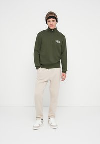 Green fleece quarter-zip sweatshirt with embroidered details, paired with beige sweatpants and white sneakers. Brown striped knit beanie worn.