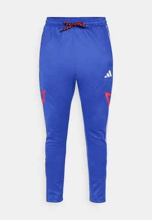 Pantaloni sportivi blu con vita regolabile, con accenti rossi e strisce bianche lungo i lati. Realizzati in un materiale leggero e liscio.
