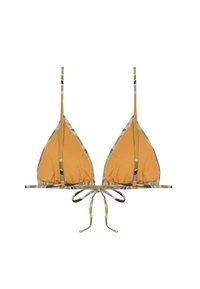 Top de bikini triangular en tejido amarillo mostaza, con ribete multicolor y cierre ajustable en la parte posterior.