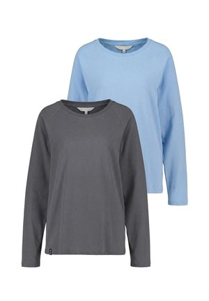 Two long-sleeve crew neck shirts, one gray in front and one light blue behind, displayed on a white background.