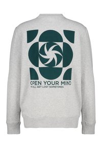 Gray sweatshirt featuring a large green swirl graphic on the back, with the text "OPEN YOUR MIND" and "WE ALL GET LOST SOMETIMES" below.