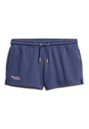 Pantaloni corti blu navy realizzati in morbido materiale con waistband elastico, cordino, tasche laterali e un piccolo logo bianco di SuperDry.