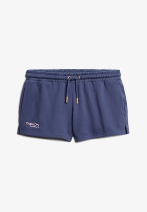 Pantaloni corti blu navy realizzati in morbido materiale con waistband elastico, cordino, tasche laterali e un piccolo logo bianco di SuperDry.