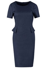 Marinblå peplumklänning med korta ärmar, texturerat tyg, knälång, rundad halsringning och dold dragkedja i ryggen.