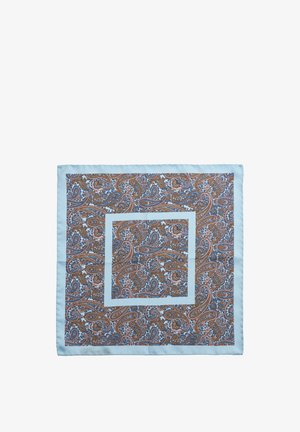 Silk firkantet tørklæde med et paisley-mønster i blå, brun og orange, kantet med en lys blå satinrand.
