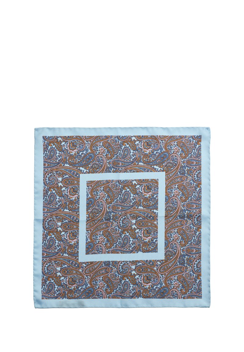 Silkfyrkantig scarf med ett paisleymönster i blått, brunt och orange, kantad med en ljusblå satinkant.