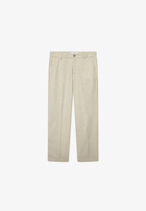 Beige broek gemaakt van een lichtgewicht stof, met een knoopsluiting, zijzakken en een recht model. Gladde textuur.