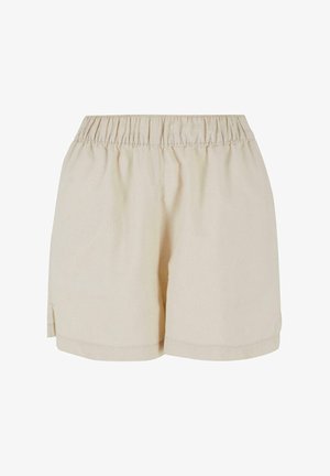 Shorts beige clair en tissu avec une taille élastique. Présente une coupe droite avec des fentes latérales à l'ourlet pour un confort supplémentaire.