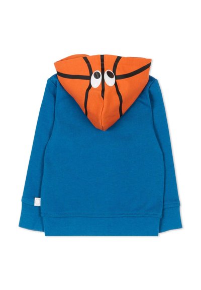 Felpa con cappuccio blu con cappuccio arancione decorato con motivo da pallacanestro e due grandi occhi da cartone animato sul retro.