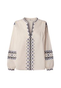 Kremna bluza z dolgimi rokavi z mornarsko modrimi in črnimi geometričnimi vezeninami na sprednji strani, rokavih, izrezu in manšetah, z izrezom na vratu.