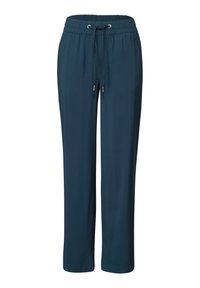 Pantaloni leggeri blu navy con vita elastica e cordino regolabile. Design a gamba dritta con una texture liscia e senza motivi visibili.