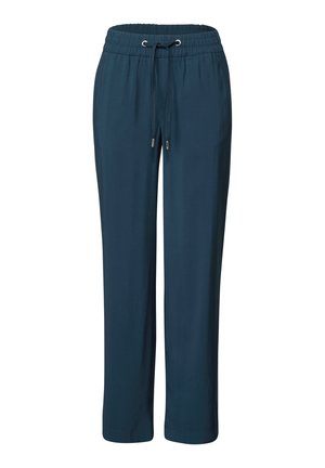 Navy blue, lightweight, elastic waist pants with adjustable drawstring. Straight leg design with a smooth texture and no visible patterns.