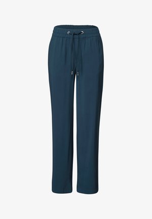 Marineblaue, leichte Hose mit elastischem Bund und verstellbarem Kordelzug. Gerades Bein Design mit glatter Textur und ohne sichtbare Muster.