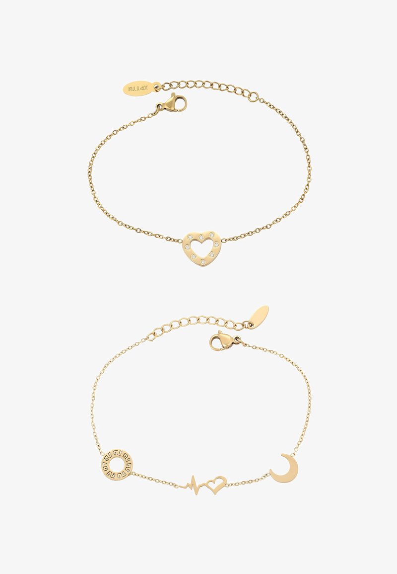 Két arany karkötő: az egyik egy szív alakú medállal, amelyet strasszok díszítenek; a másikon olyan szimbólumok láthatók, mint egy kör, szívverés, szív és félhold.