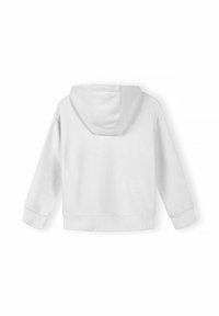 Sweat à capuche blanc à manches longues vu de dos, avec poignets et ourlet côtelés, design uni, et une capuche centrée sur un fond blanc.